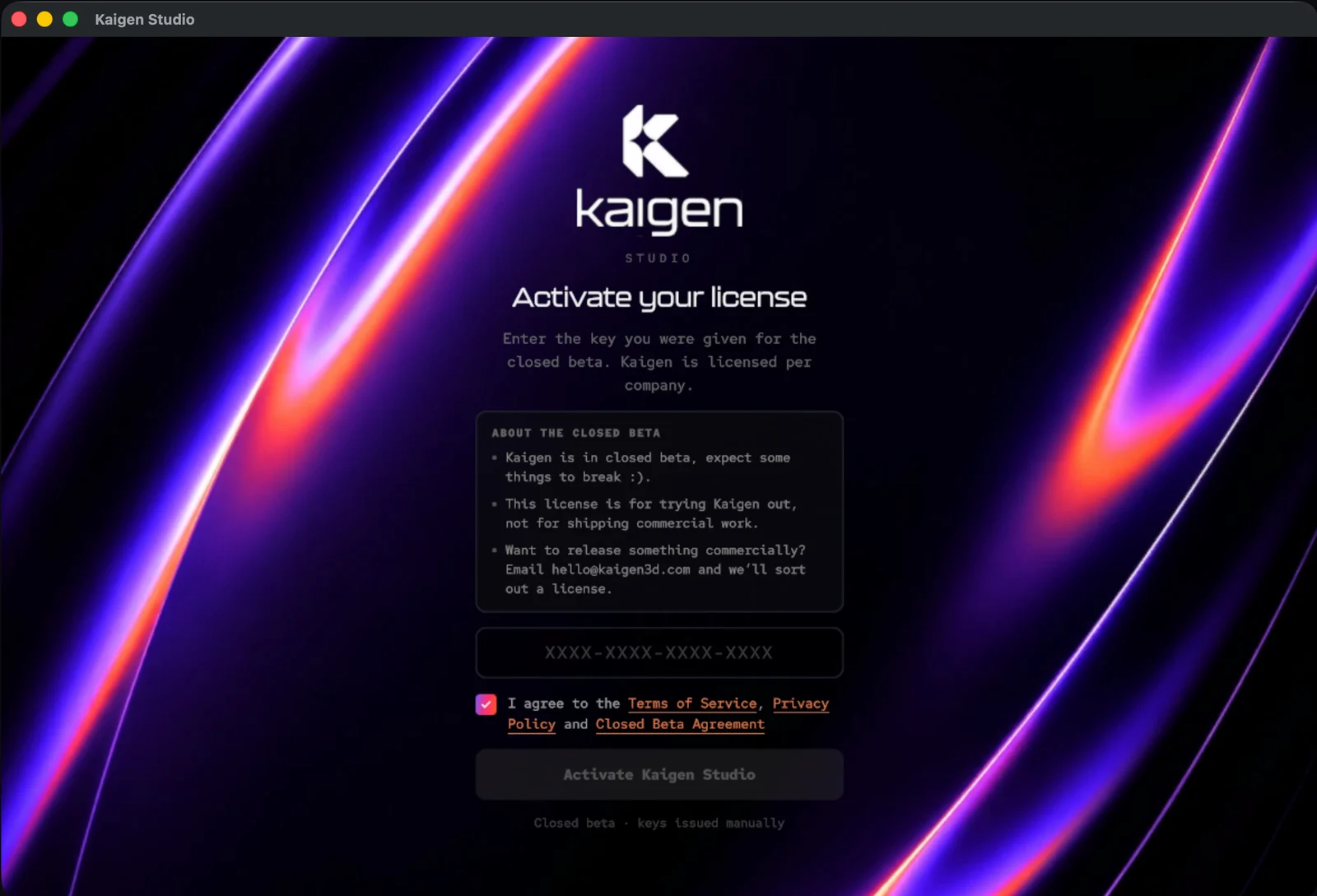 Kaigen Studio asking for your licence key